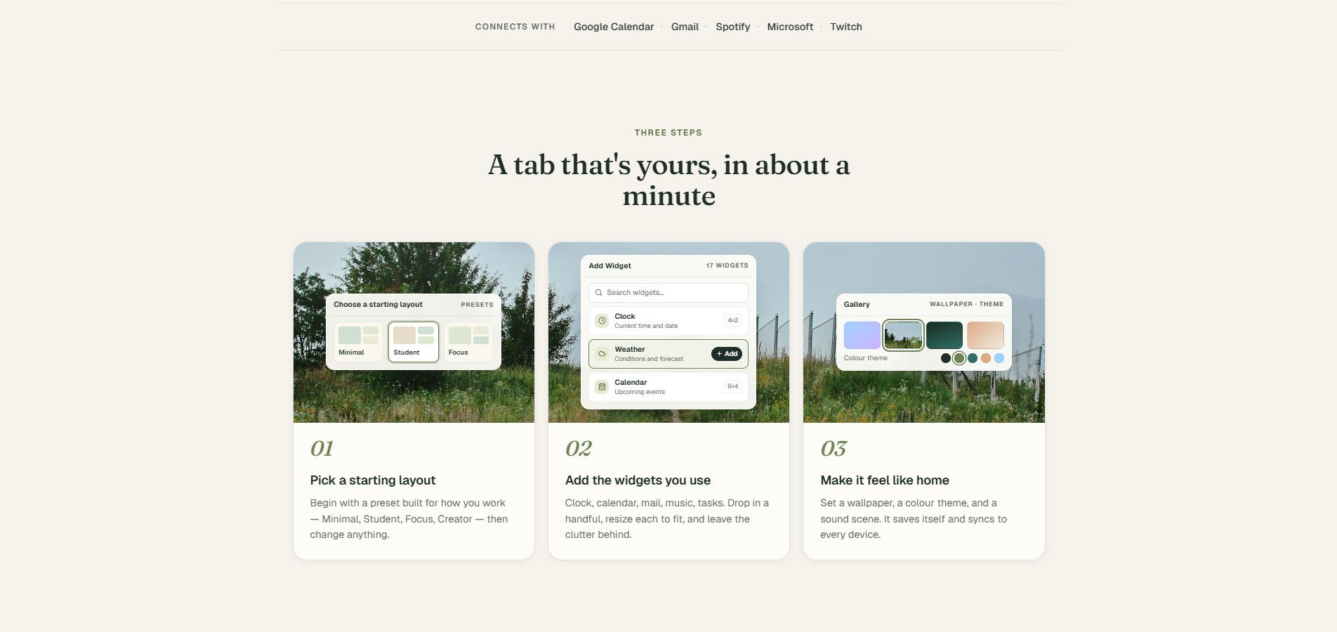 TinyWebs uppstart i tre steg: välj en startlayout, lägg till de widgets du använder, och välj sedan bakgrund och färgtema.